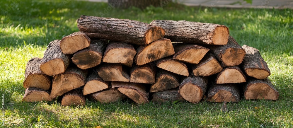 Poster piled firewood logs stacked neatly on green grass in a tranquil forest clearing with ample space for