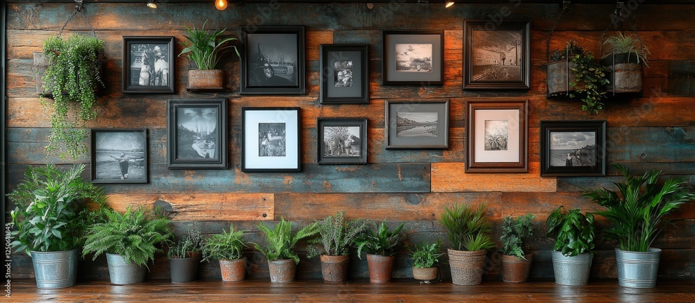 Poster gallery of photo frames on a rustic wooden wall adorned with greenery in decorative pots creating a 