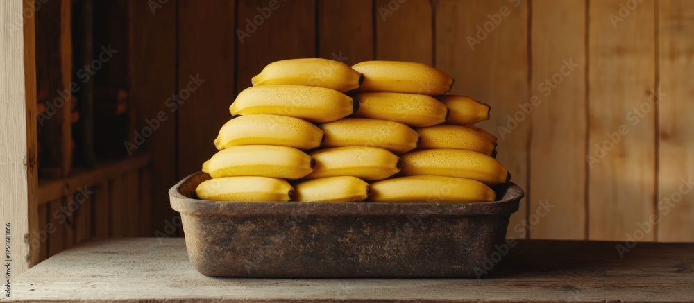 Poster piled boiled bananas in a rustic container displaying freshness and natural colors in a wooden envir