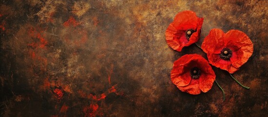 Vibrant red poppy flowers against a textured grunge background for a striking visual impact in designs and artistic projects.