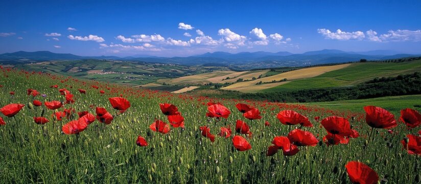 Lush red poppies blooming in a vibrant green field under a clear blue sky with distant rolling hills and mountains in the background