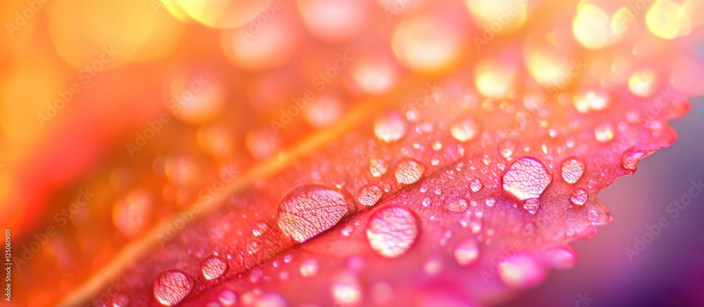 Poster macro lens photography of a leaf with vibrant bokeh and water droplets, creating a colorful textured