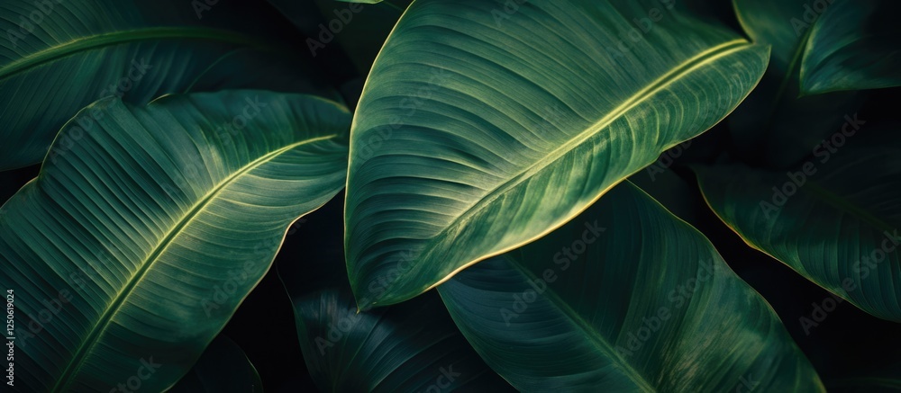 Poster leaves illuminated from behind creating a dramatic play of light and shadow on lush green foliage in