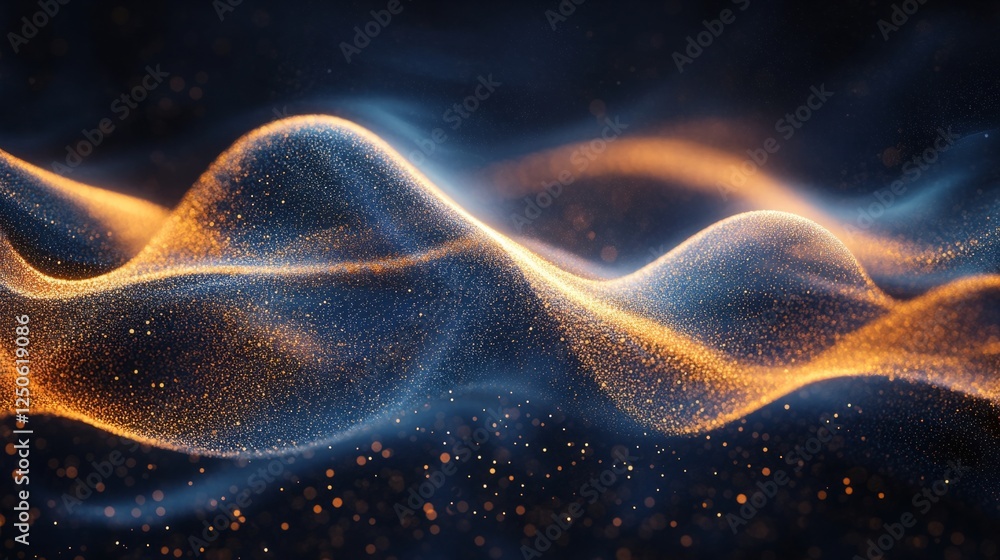 Poster a close-up view of shimmering particles swirling gracefully in the air, with a dark background for c