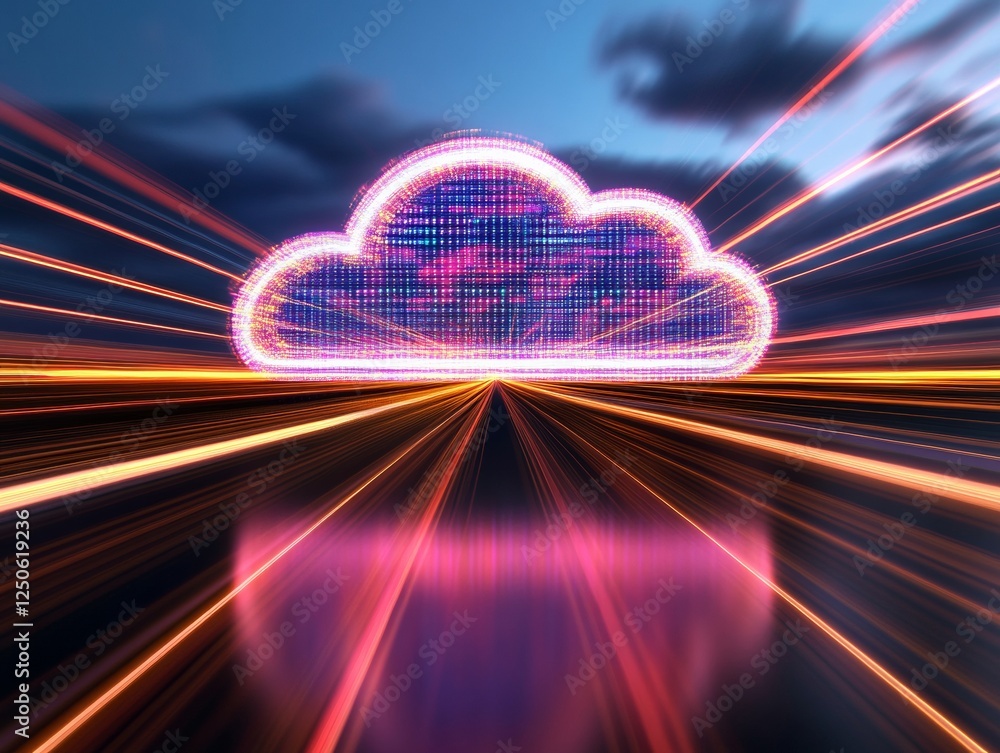 Poster Neon Cloud Network Display Illuminated Digital Cloud with Streamlined Data Lines - Innovative Tech Imaging for Futuristic Business and Digital Marketing Solutions