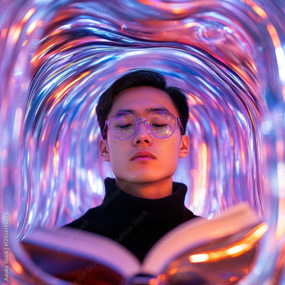 Aufkleber Futuristic Study Spaces Holographic Book Reading in Chrome Pod with LED Ambiance - Innovative Learning Design for EdTech Marketing and Student Engagement
