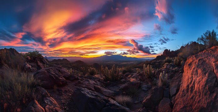 Beautiful sunset over the Arizona desert with mountains and a golf course in the background.