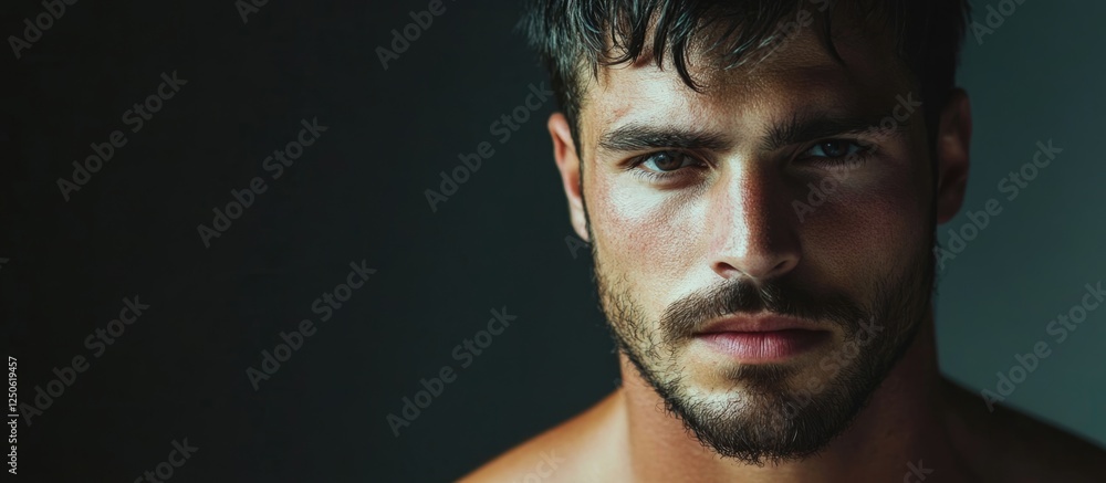 Poster handsome man with stubble in dramatic lighting creating a moody portrait with blank space for text o