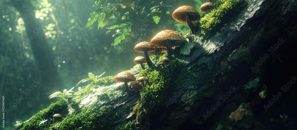 Poster brown mushrooms sprouting from a moss-covered tree trunk in a serene forest setting with soft sunlig