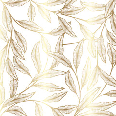 Seamless pattern with golden leaves on white background. Vector illustration