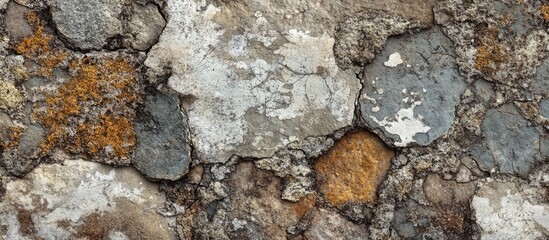 Textured old stone wall background featuring weathered stones and moss, ideal for design projects and artistic applications.