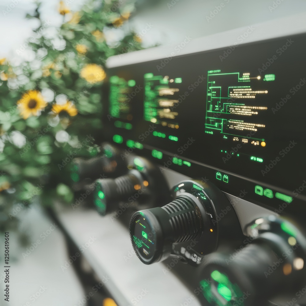 Poster closeup of futuristic control panel with green display and knobs