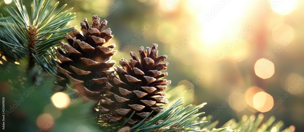 Poster close-up of pine cones nestled among evergreen branches with a soft blurred background of sunlight a