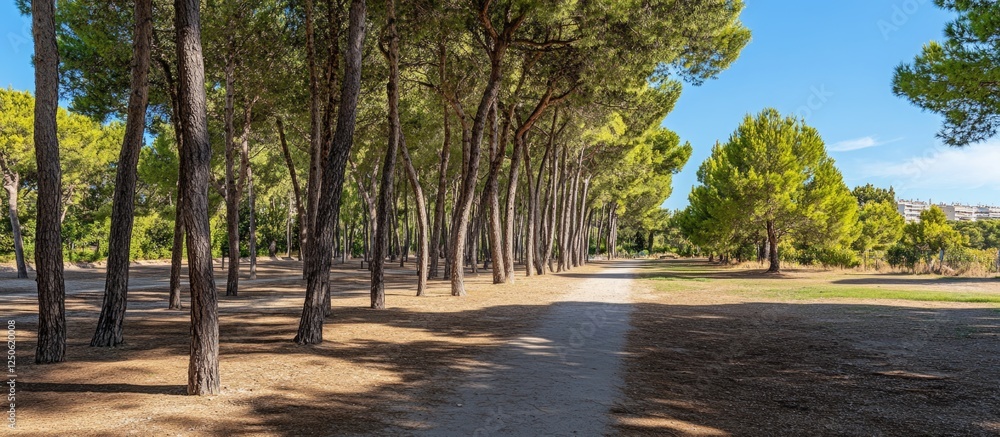 Poster pine trees providing shade in a sunny park with a clear space for text and walking path amidst green