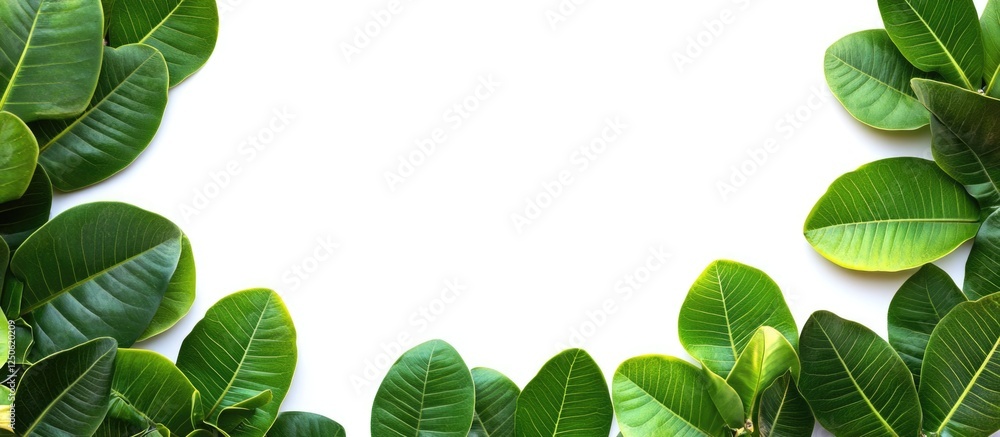 Aufkleber plumeria leaves arranged on a white background creating a fresh and vibrant natural frame with ample