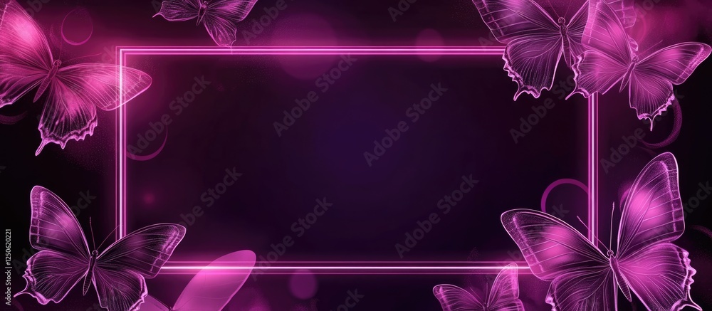 Poster pink and black butterflies with neon glow and blank space for custom text or graphics