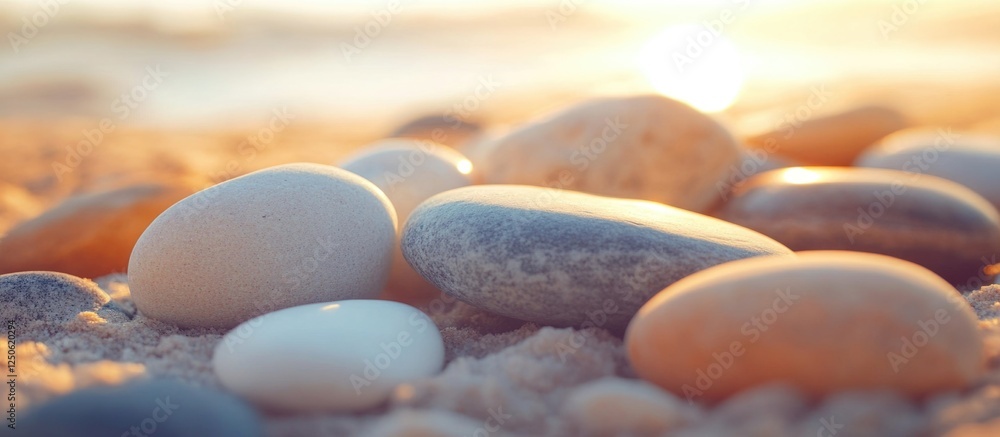 Aufkleber serene beach stones arranged harmoniously on the sand reflecting soft sunlight creating a natural ca