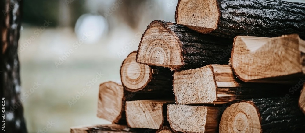 Poster pile of cut wood stacked neatly creating a rustic background texture perfect for nature-themed desig