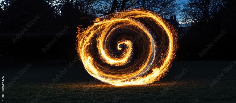 Poster dynamic spiral of fire captured with slow shutter speed creating mesmerizing circular motion against