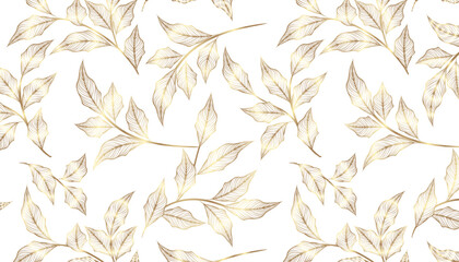 Seamless pattern with golden leaves on white background. Vector illustration
