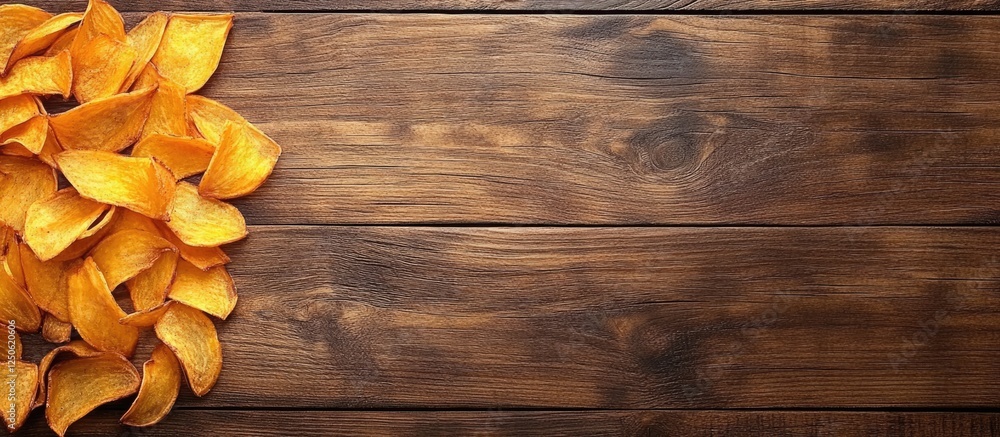 Poster fried yam chips on rustic wooden table healthy snack with ample space for text or branding in a natu