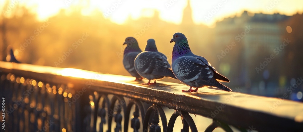 Poster pigeons resting on a railing during sunset with long shadows creating a serene urban atmosphere.