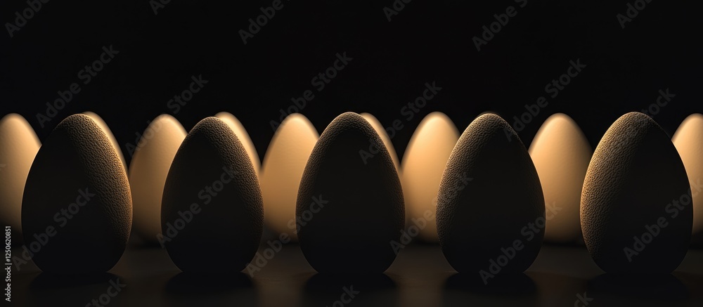 Poster silhouette of numerous eggs gently illuminated against a dark backdrop creating an intriguing patter