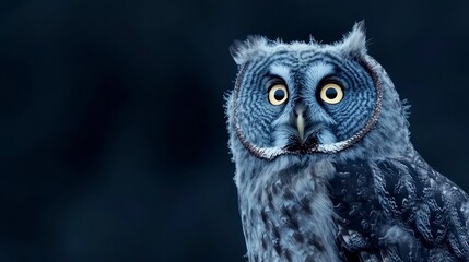Obraz premium Closeup Portrait of a Grey Owl Against a Dark Background