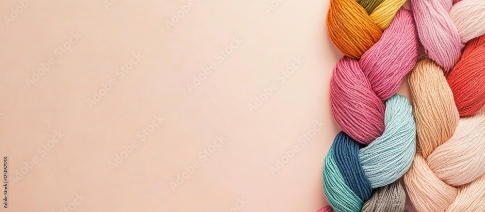 Poster multicolored knitting threads arranged on a beige background with ample copy space for creative desi