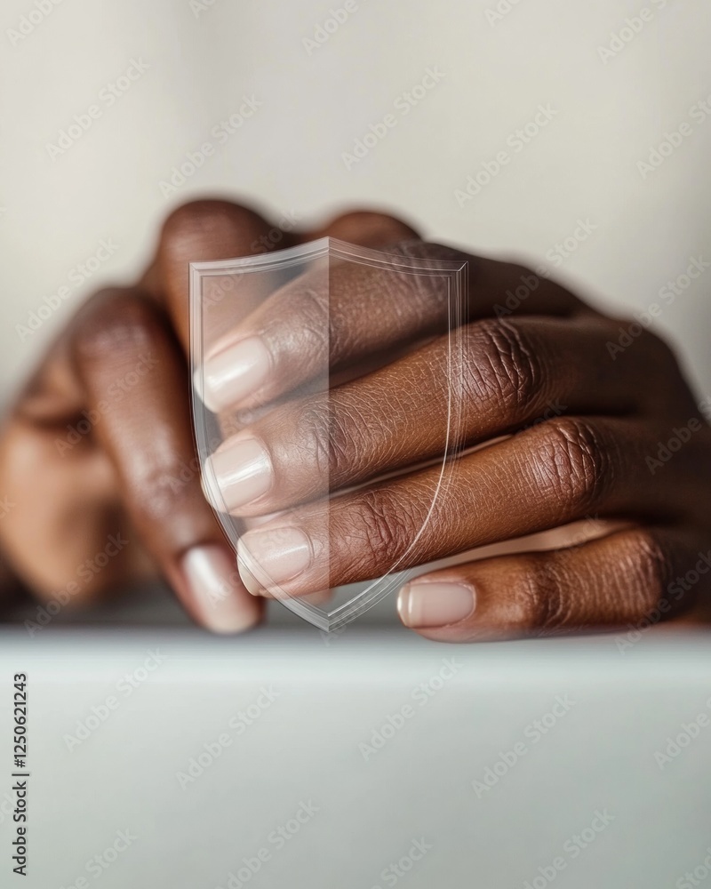 Poster Futuristic Cybersecurity Aesthetic Close-Up of Typing Hands with Metallic Shield Overlay - Data Protection Solutions for Modern Business and Digital Innovation