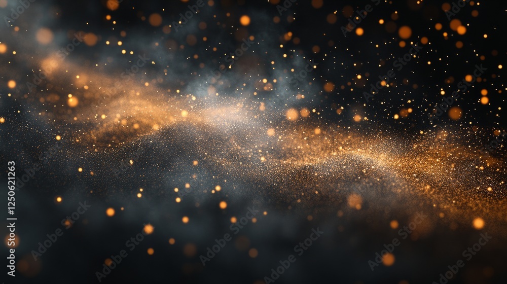 Poster a detailed shot of fine particles gently floating in the air, forming intricate patterns against a d