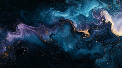 "Luxury abstract fluid art painting created with alcohol ink technique, blending blue and purple hues. Imitating marble stone with glowing golden veins running through the design."

