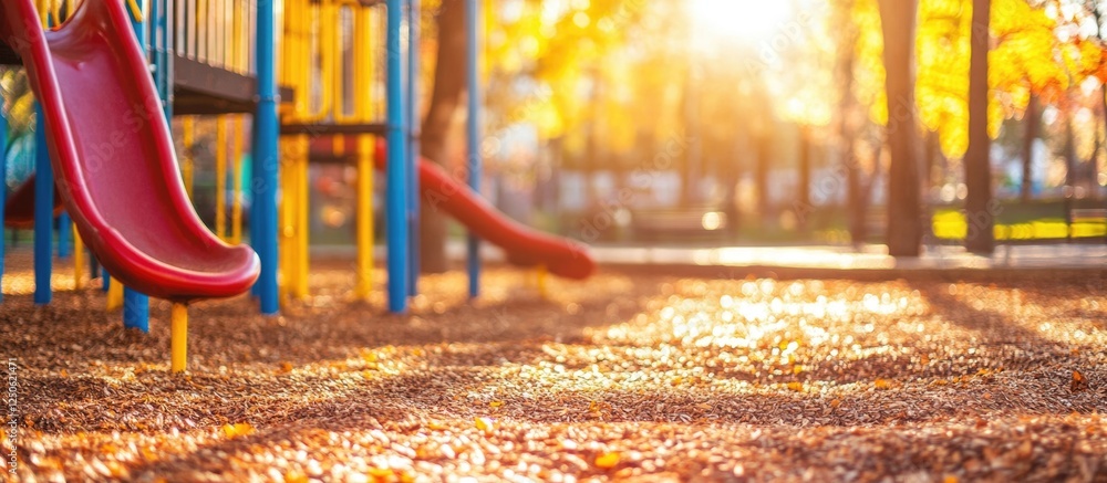 Aufkleber playground equipment illuminated by sunlight in a serene park setting with an empty space for text a