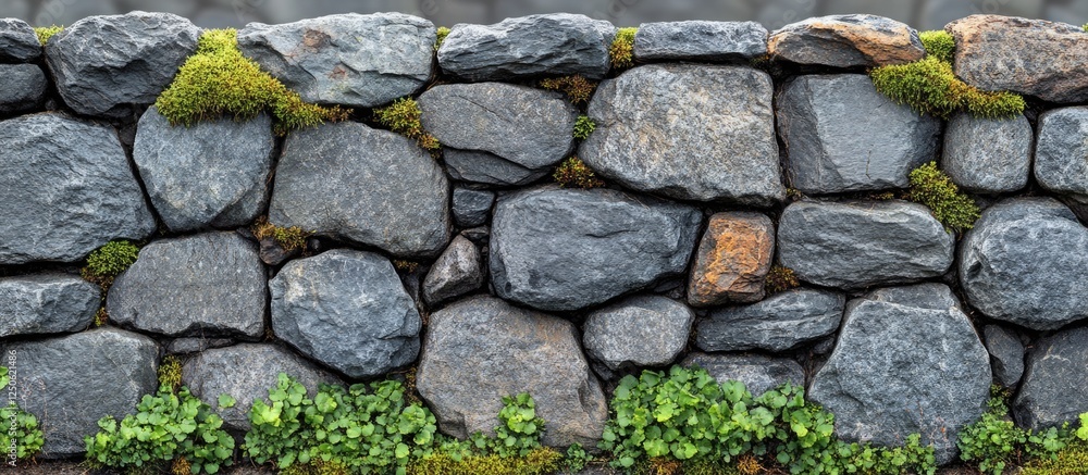 Poster grey stone wall texture with moss and greenery providing natural backdrop for design projects or arc