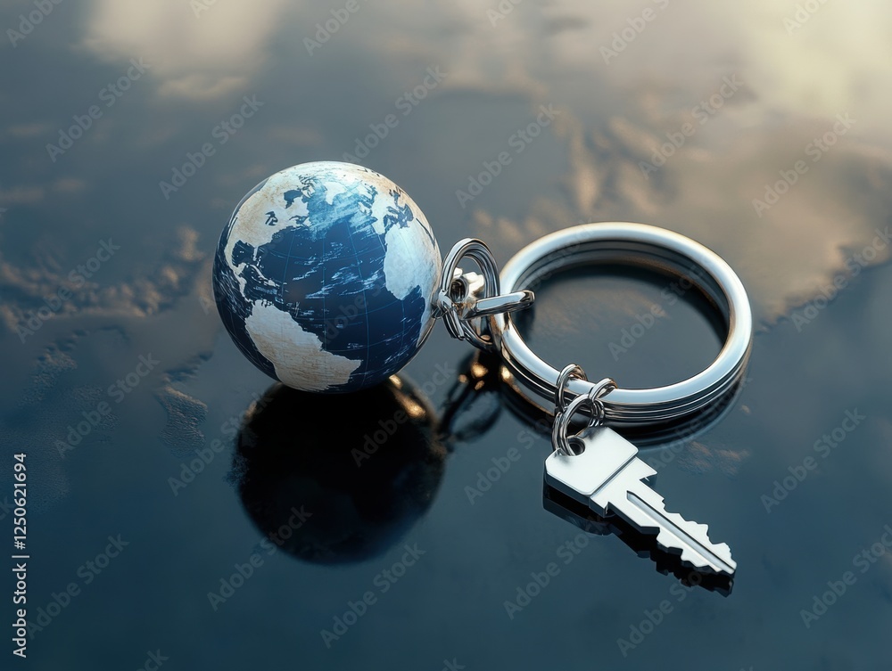 Poster ignition key with globe shaped key ring.