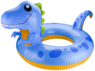 Blue inflatable ring with dinosaur head and tail isolated on a transparent background. Completely in focus. Focus stacking.
