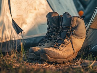  Worn-out trekking boots on the doorstep of the tent. 
