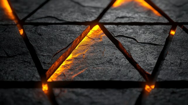 Glowing cracks between triangular dark stone tiles, fiery floor