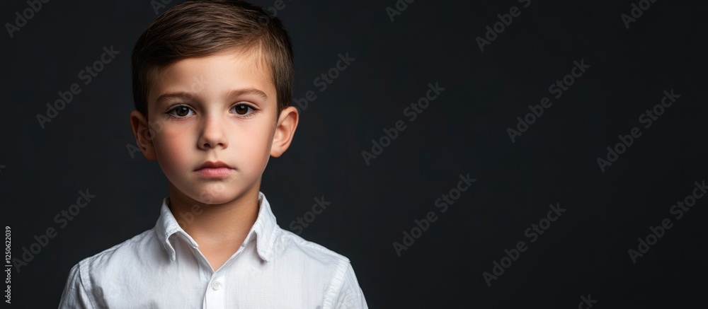 Poster portrait of a serious young boy on a dark background with ample space for text or branding elements