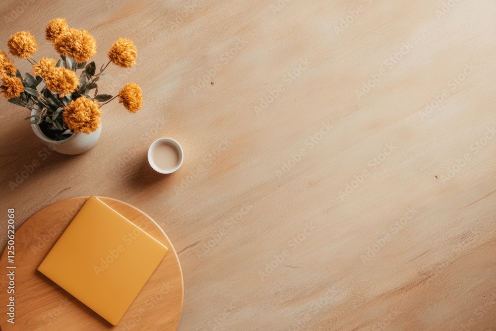 Aufkleber Rustic Minimalism Workspace Modern Oak Table with Yellow Notebook and Flowers - Creative Office Content for Innovative Business Environments and Collaborative Design