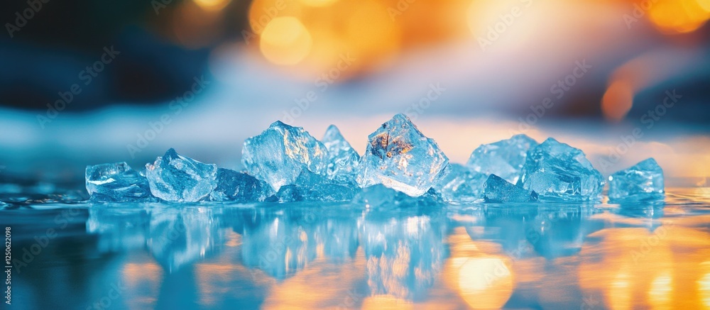 Poster melting crushed ice in water with shallow depth of field creating a tranquil nature scene with soft 