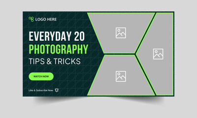 Trendy photography tips and techniques video thumbnail banner design, photography video cover banner design, fully customizable vector eps 10 file format