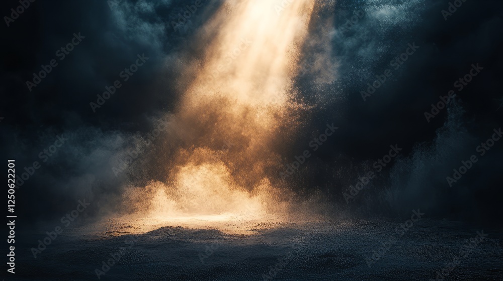 Poster a dramatic scene of dust particles illuminated by a single light source, creating a mysterious atmos