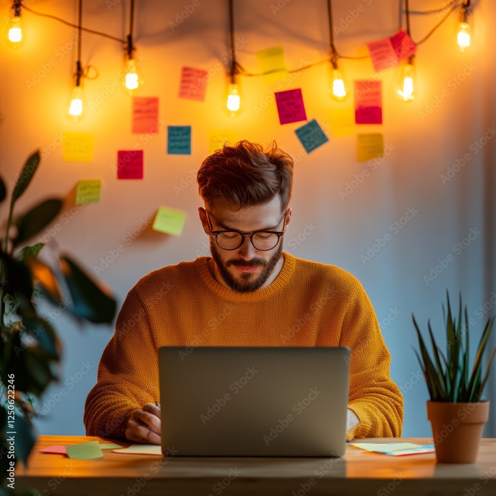 Aufkleber modern home-office dynamics vibrant workspace with playful sticky notes and warm lighting - stress r