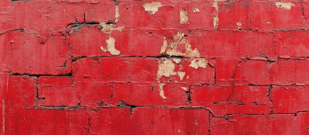 Poster red textured grunge brick wall background with peeling paint and visible cracks for use in design an