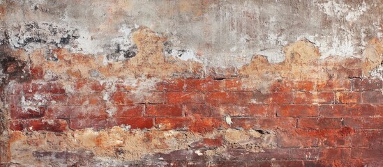 Aged red brick wall with weathered texture and peeling paint for architectural and design backgrounds