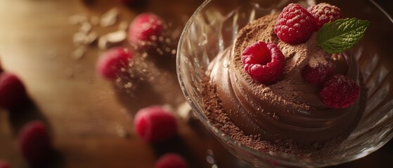 Naklejka premium Chocolate mousse dessert topped with raspberries and mint leaves, elegantly presented in a glass bowl, perfect for food lovers and culinary photography.