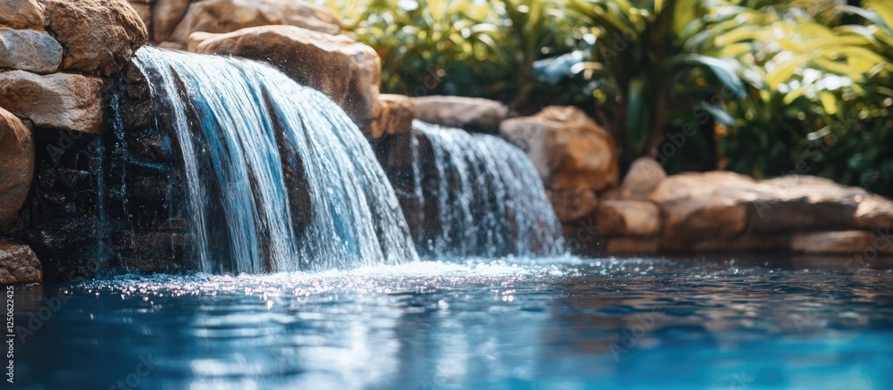 Poster serene waterfall flowing into a tranquil pool surrounded by lush greenery and rocks with ample copy 