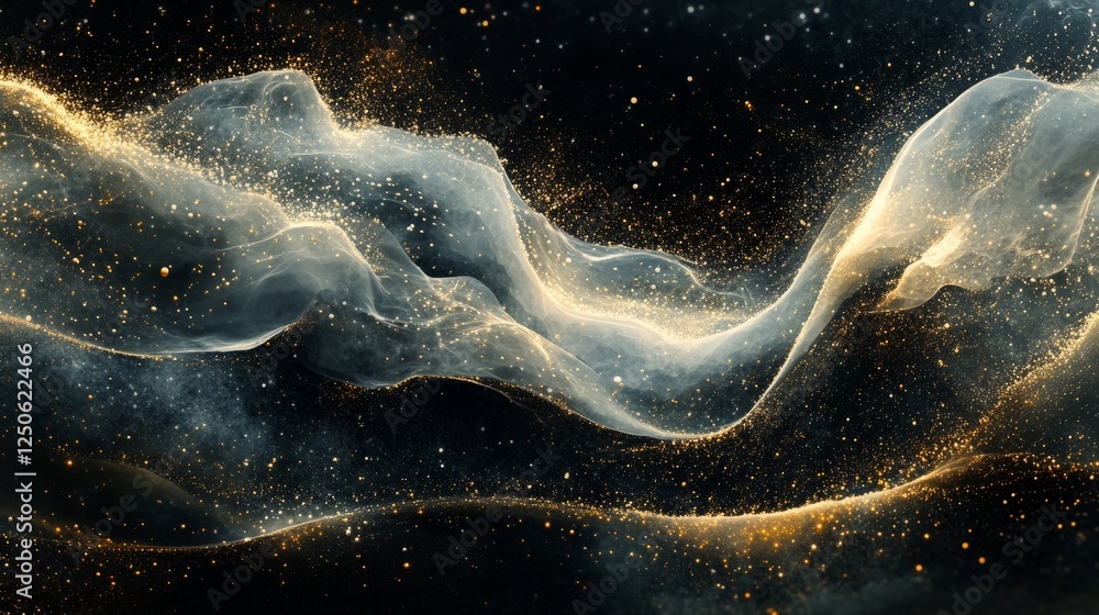 Poster a dreamy scene of tiny particles forming abstract patterns in the air, creating a magical effect aga