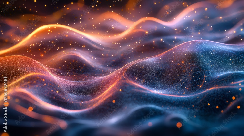 Poster a dreamy scene of tiny particles forming abstract patterns in the air, creating a magical effect aga